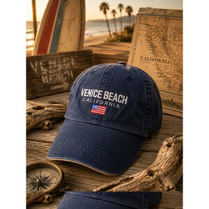 Vintage Venice Beach California Blue Cotton Strapback Hat Cap USA Flag